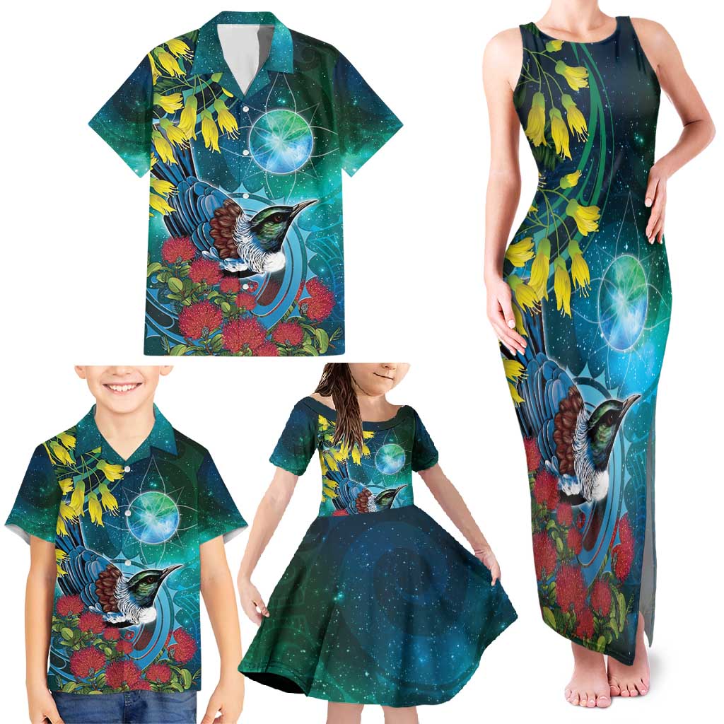 New Zealand Tui Bird Family Matching Tank Maxi Dress and Hawaiian Shirt Maori Koru With Pohutukawa Galaxy Style - Aussie Hoodie