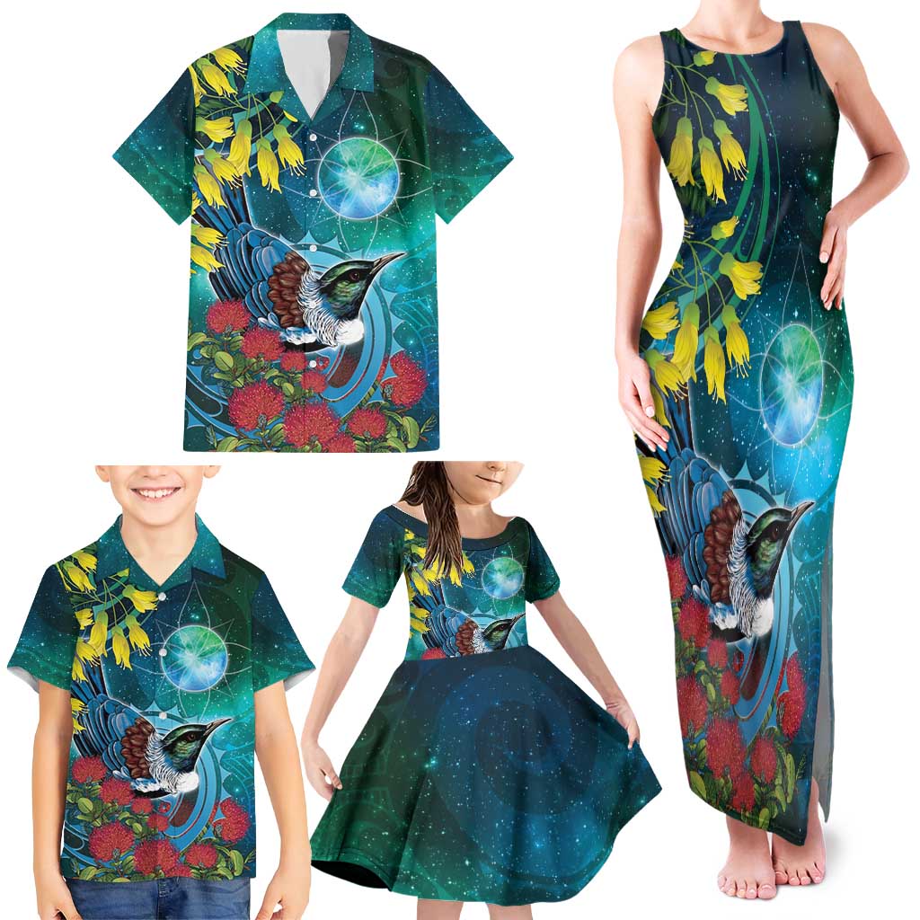 New Zealand Tui Bird Family Matching Tank Maxi Dress and Hawaiian Shirt Maori Koru With Pohutukawa Galaxy Style - Aussie Hoodie