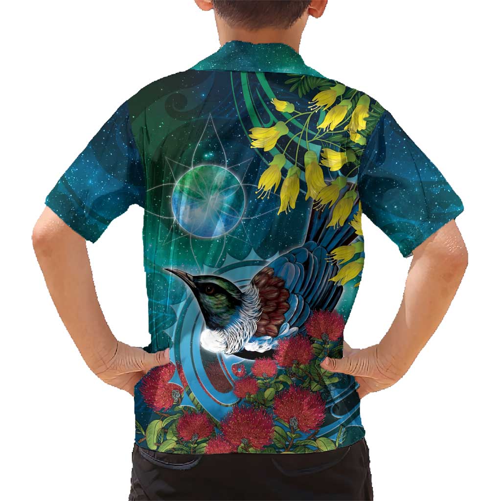 New Zealand Tui Bird Family Matching Tank Maxi Dress and Hawaiian Shirt Maori Koru With Pohutukawa Galaxy Style - Aussie Hoodie
