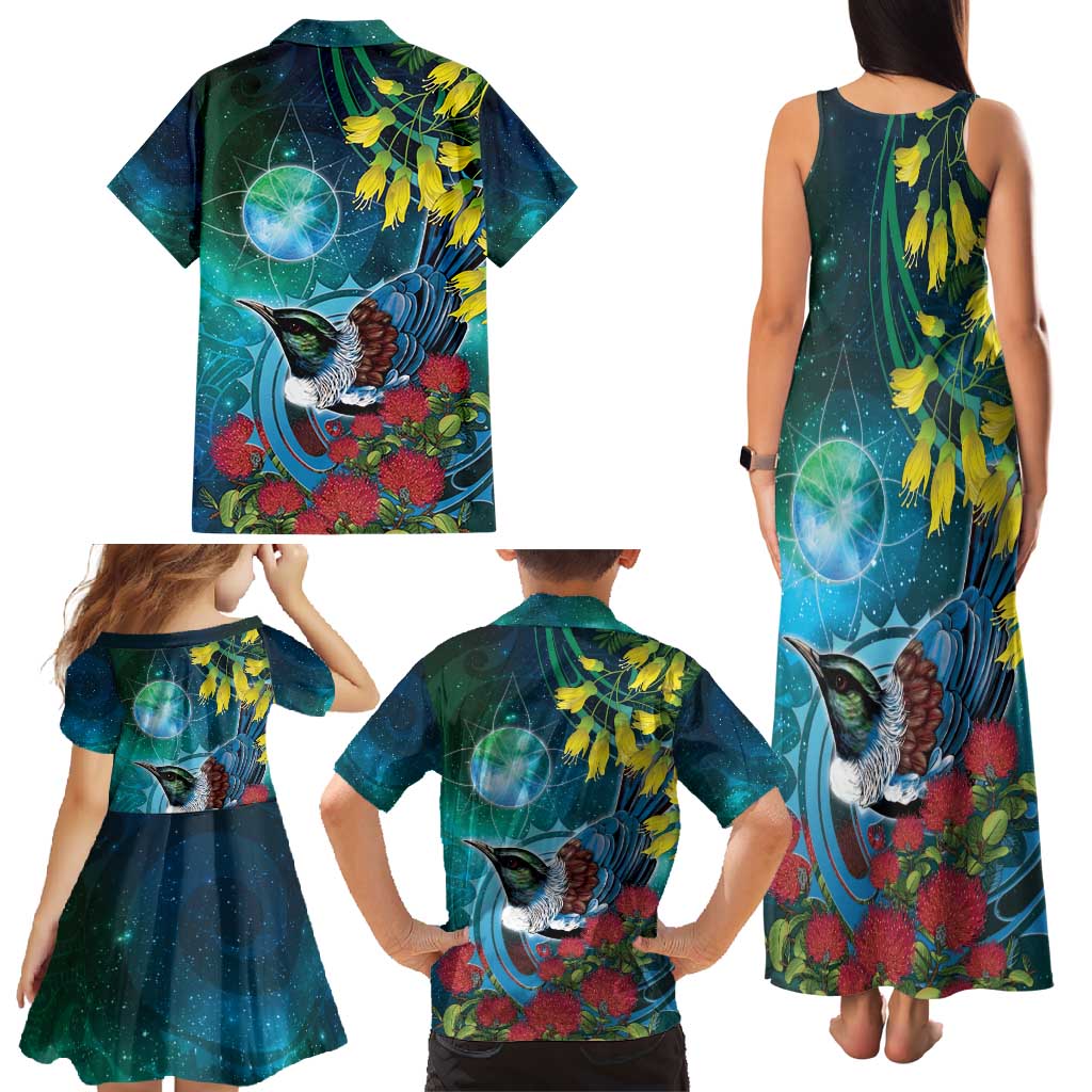 New Zealand Tui Bird Family Matching Tank Maxi Dress and Hawaiian Shirt Maori Koru With Pohutukawa Galaxy Style - Aussie Hoodie