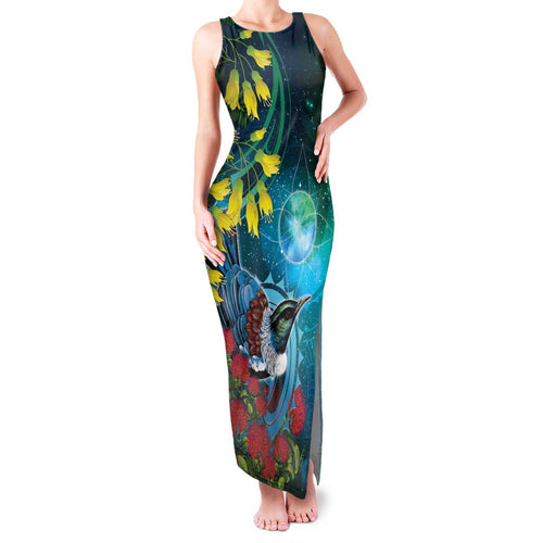 New Zealand Tui Bird Family Matching Tank Maxi Dress and Hawaiian Shirt Maori Koru With Pohutukawa Galaxy Style - Aussie Hoodie