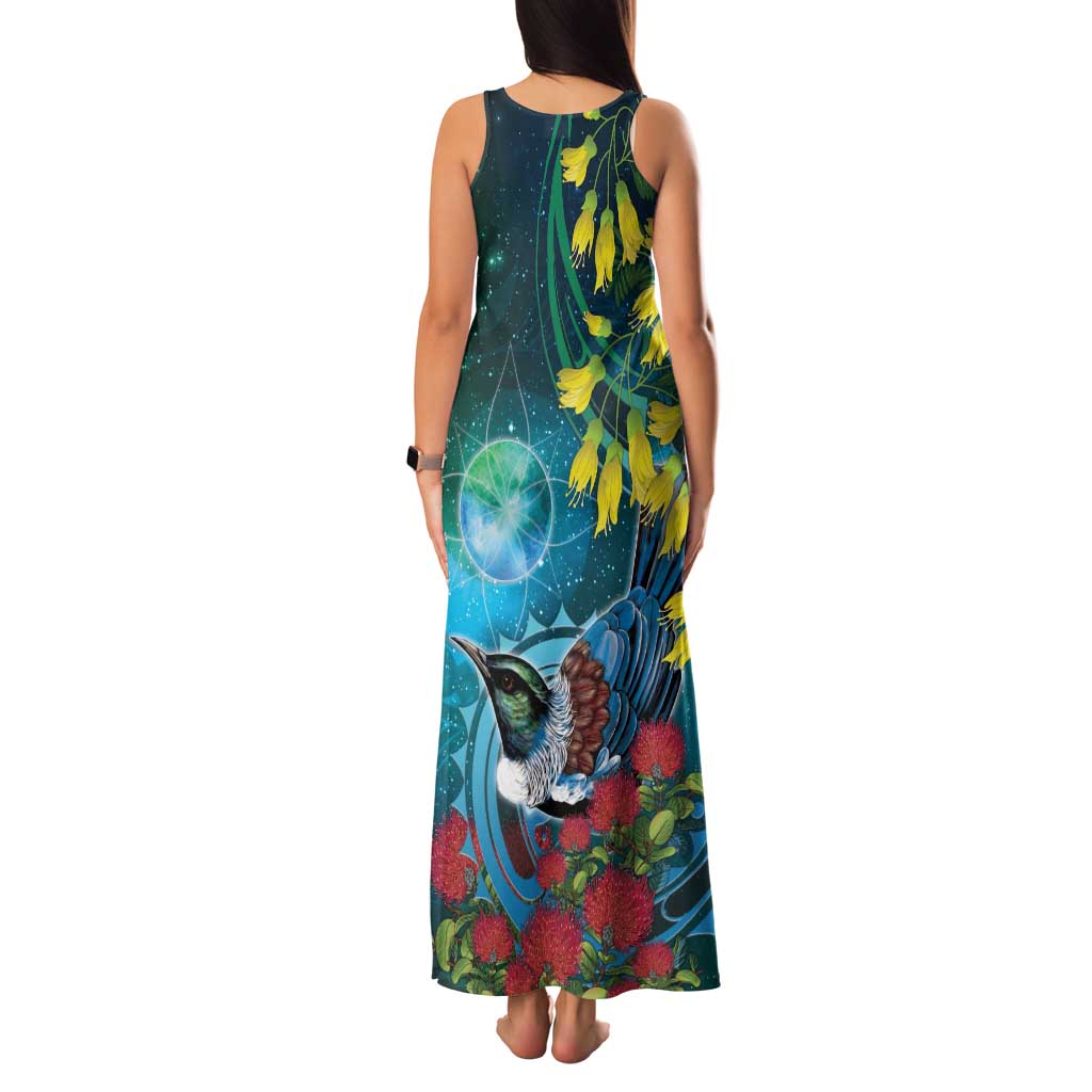 New Zealand Tui Bird Family Matching Tank Maxi Dress and Hawaiian Shirt Maori Koru With Pohutukawa Galaxy Style - Aussie Hoodie