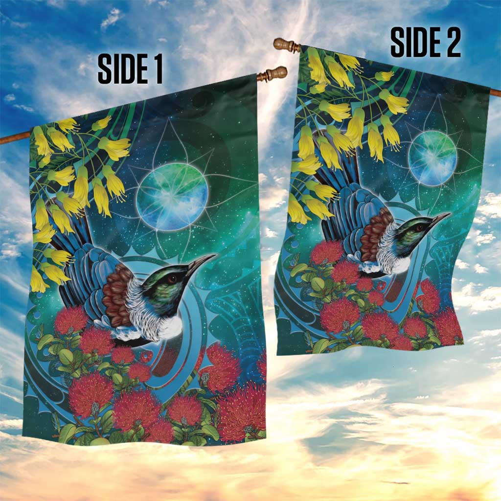 New Zealand Tui Bird Garden Flag Maori Koru With Pohutukawa Galaxy Style - Aussie Hoodie