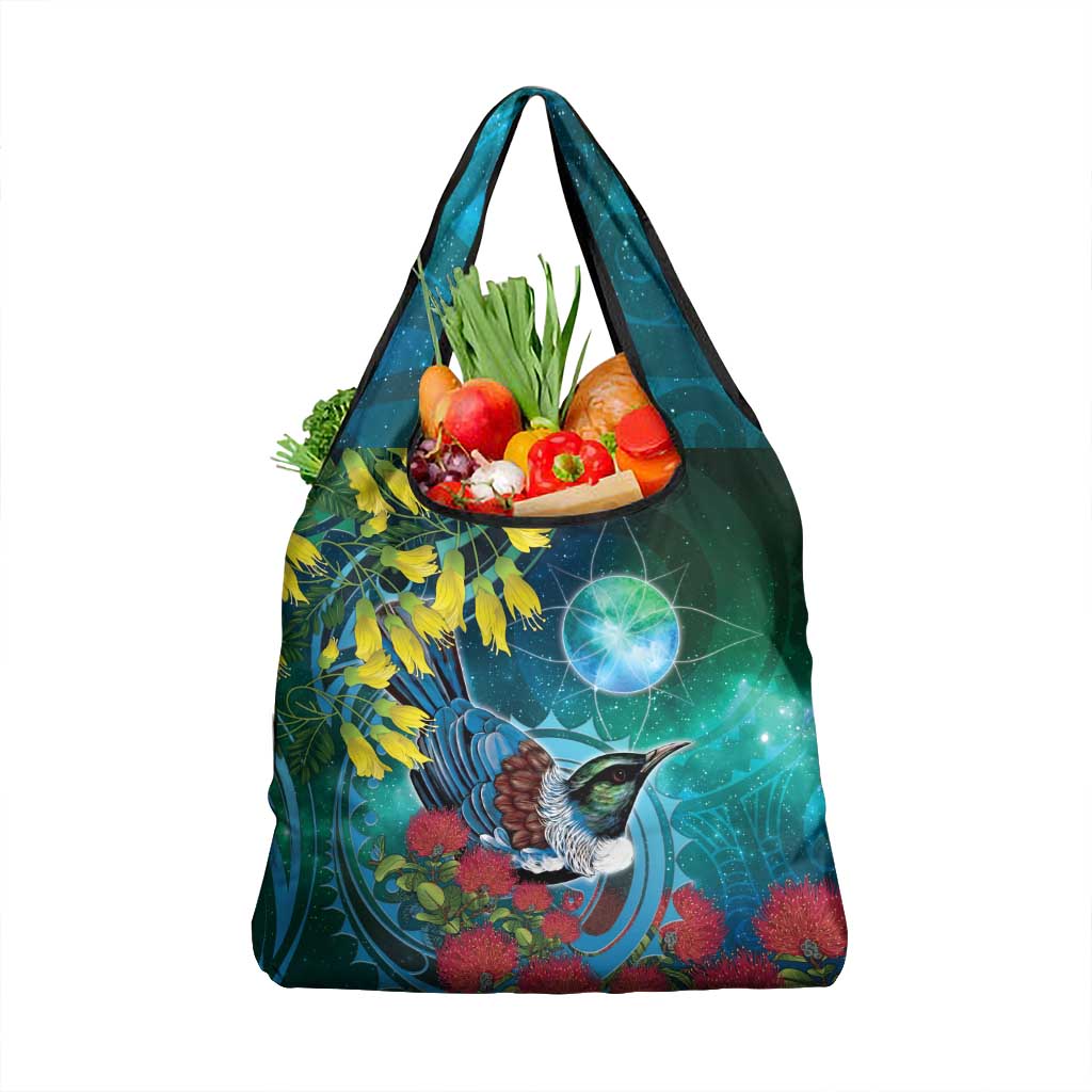 New Zealand Tui Bird Grocery Bag Maori Koru With Pohutukawa Galaxy Style - Aussie Hoodie
