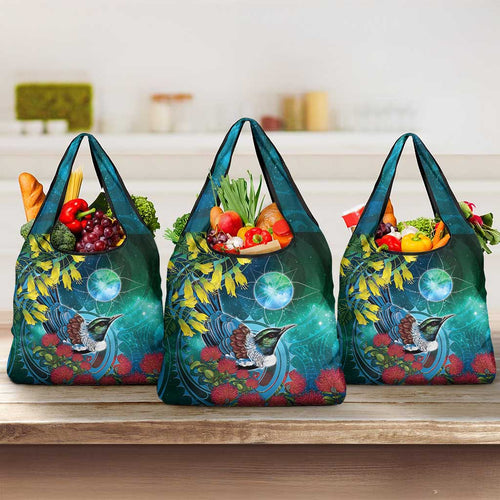 New Zealand Tui Bird Grocery Bag Maori Koru With Pohutukawa Galaxy Style - Aussie Hoodie