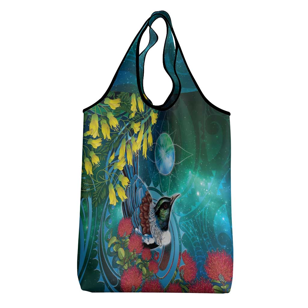 New Zealand Tui Bird Grocery Bag Maori Koru With Pohutukawa Galaxy Style - Aussie Hoodie