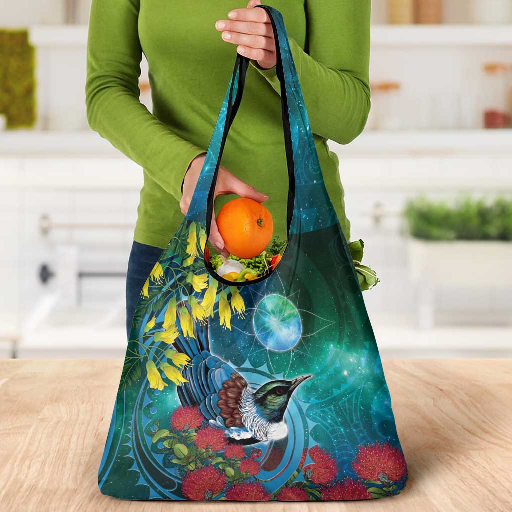 New Zealand Tui Bird Grocery Bag Maori Koru With Pohutukawa Galaxy Style - Aussie Hoodie