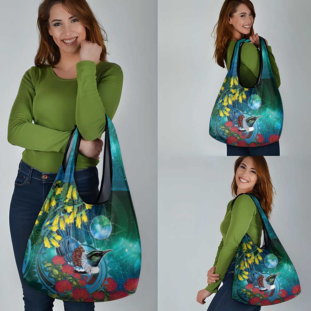 New Zealand Tui Bird Grocery Bag Maori Koru With Pohutukawa Galaxy Style - Aussie Hoodie
