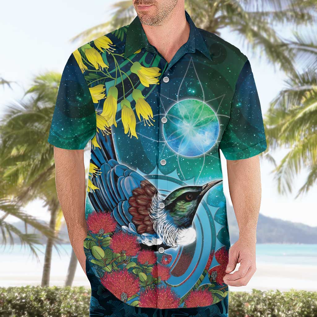New Zealand Tui Bird Hawaiian Shirt Maori Koru With Pohutukawa Galaxy Style - Aussie Hoodie