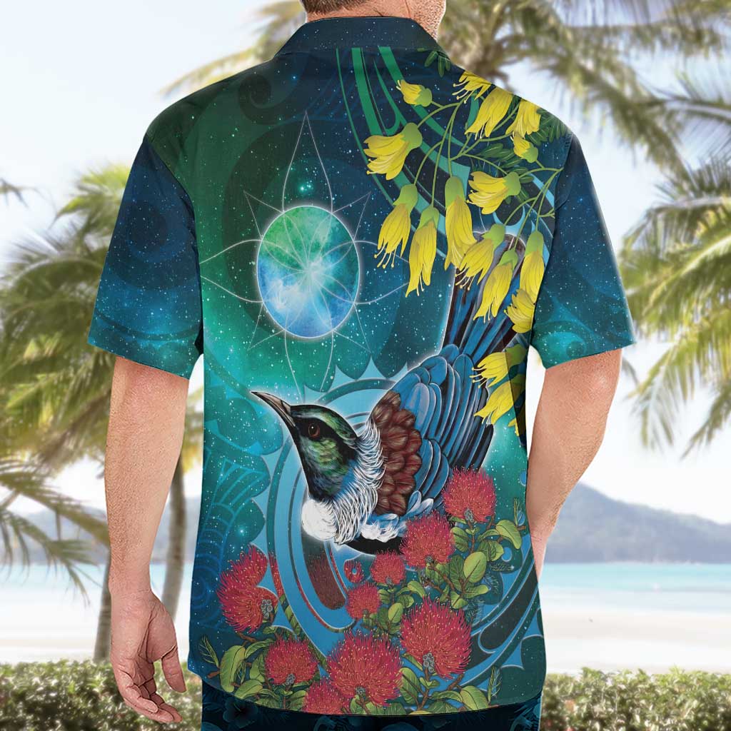 New Zealand Tui Bird Hawaiian Shirt Maori Koru With Pohutukawa Galaxy Style - Aussie Hoodie
