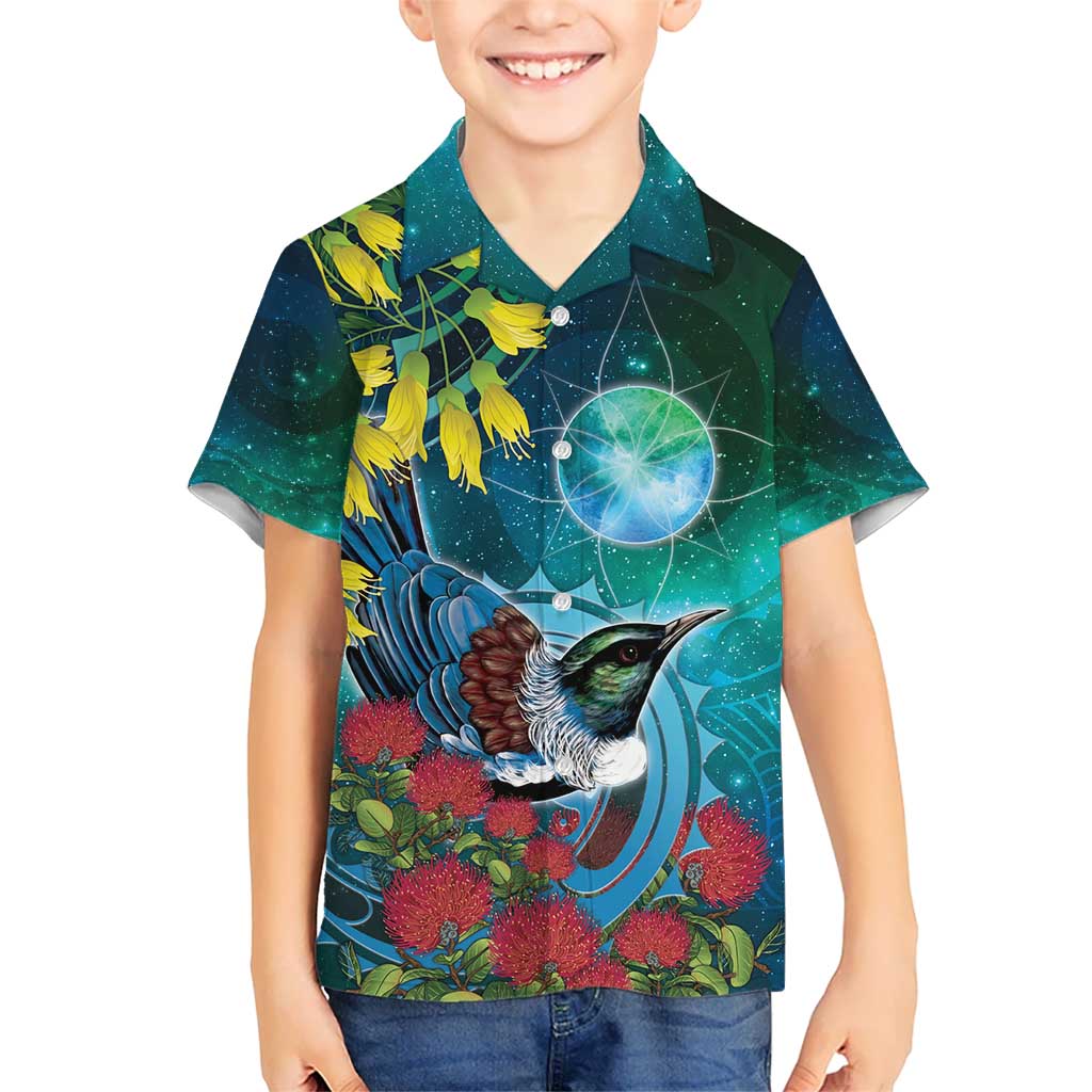 New Zealand Tui Bird Hawaiian Shirt Maori Koru With Pohutukawa Galaxy Style - Aussie Hoodie