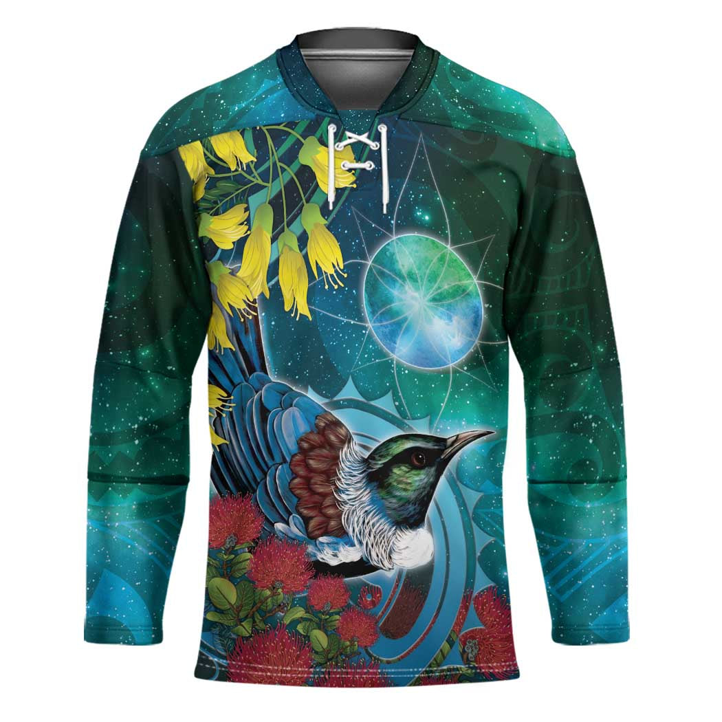 New Zealand Tui Bird Hockey Jersey Maori Koru With Pohutukawa Galaxy Style - Aussie Hoodie
