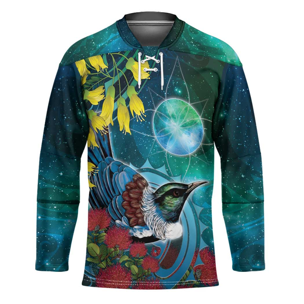 New Zealand Tui Bird Hockey Jersey Maori Koru With Pohutukawa Galaxy Style - Aussie Hoodie