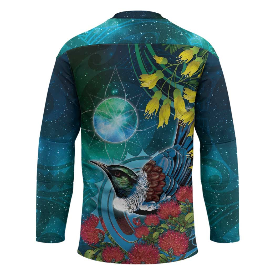 New Zealand Tui Bird Hockey Jersey Maori Koru With Pohutukawa Galaxy Style - Aussie Hoodie