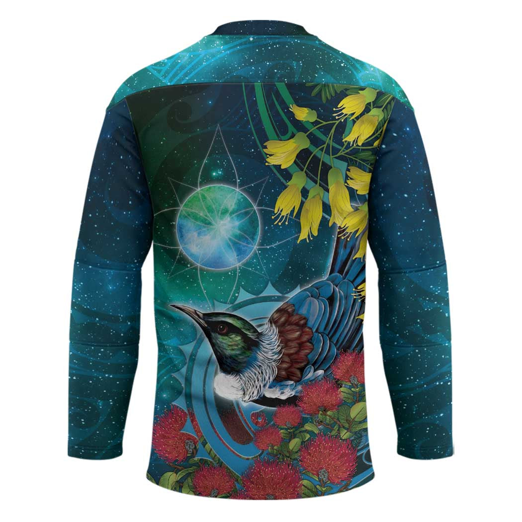 New Zealand Tui Bird Hockey Jersey Maori Koru With Pohutukawa Galaxy Style - Aussie Hoodie