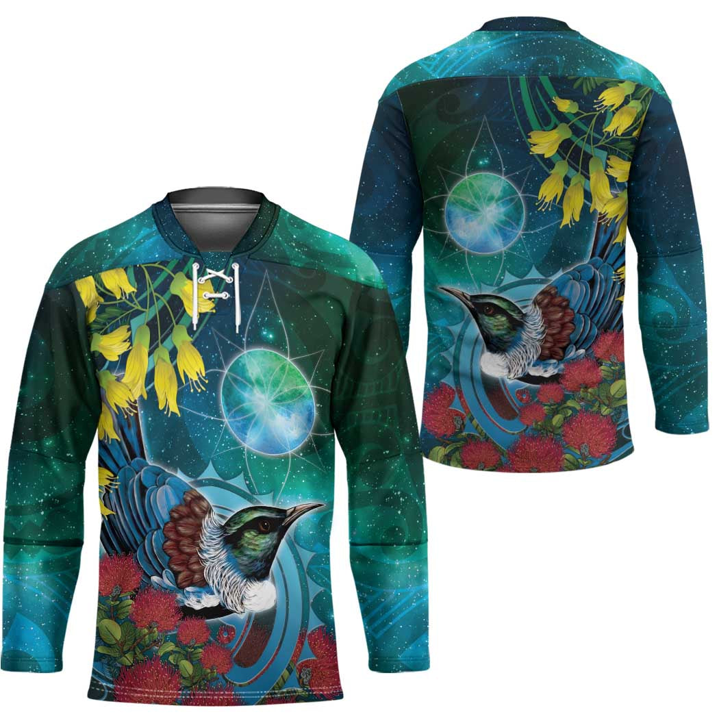 New Zealand Tui Bird Hockey Jersey Maori Koru With Pohutukawa Galaxy Style - Aussie Hoodie