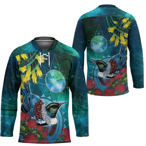New Zealand Tui Bird Hockey Jersey Maori Koru With Pohutukawa Galaxy Style - Aussie Hoodie