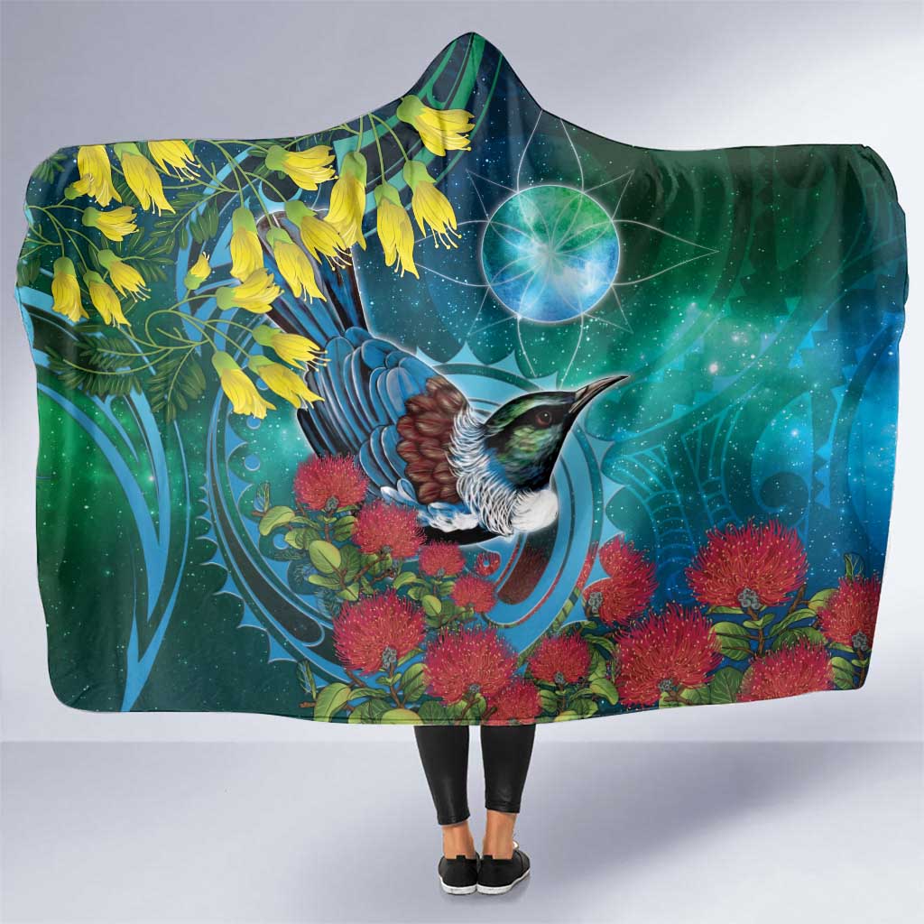 New Zealand Tui Bird Hooded Blanket Maori Koru With Pohutukawa Galaxy Style - Aussie Hoodie