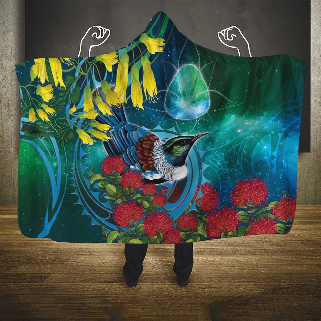 New Zealand Tui Bird Hooded Blanket Maori Koru With Pohutukawa Galaxy Style - Aussie Hoodie