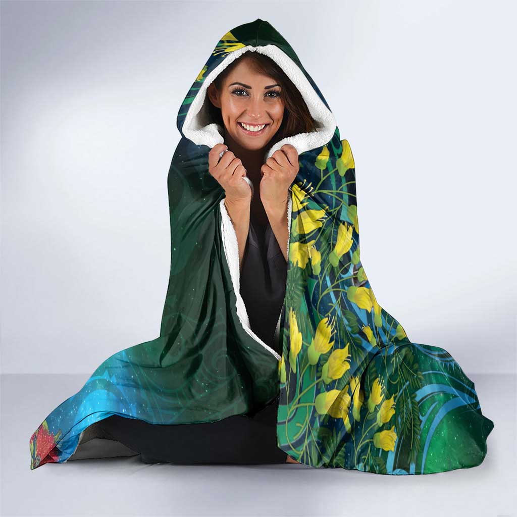 New Zealand Tui Bird Hooded Blanket Maori Koru With Pohutukawa Galaxy Style - Aussie Hoodie