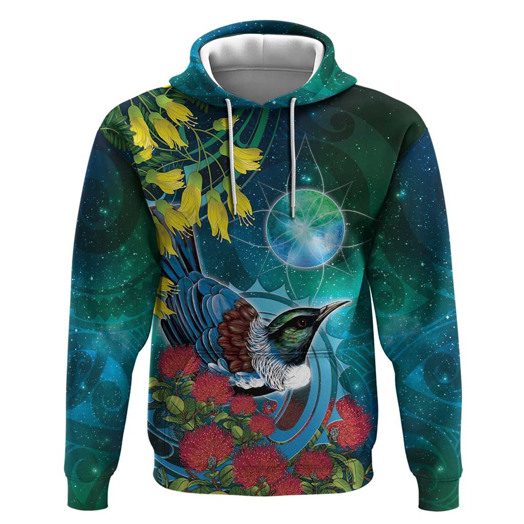 New Zealand Tui Bird Hoodie Maori Koru With Pohutukawa Galaxy Style - Aussie Hoodie