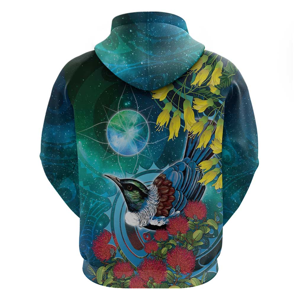 New Zealand Tui Bird Hoodie Maori Koru With Pohutukawa Galaxy Style - Aussie Hoodie