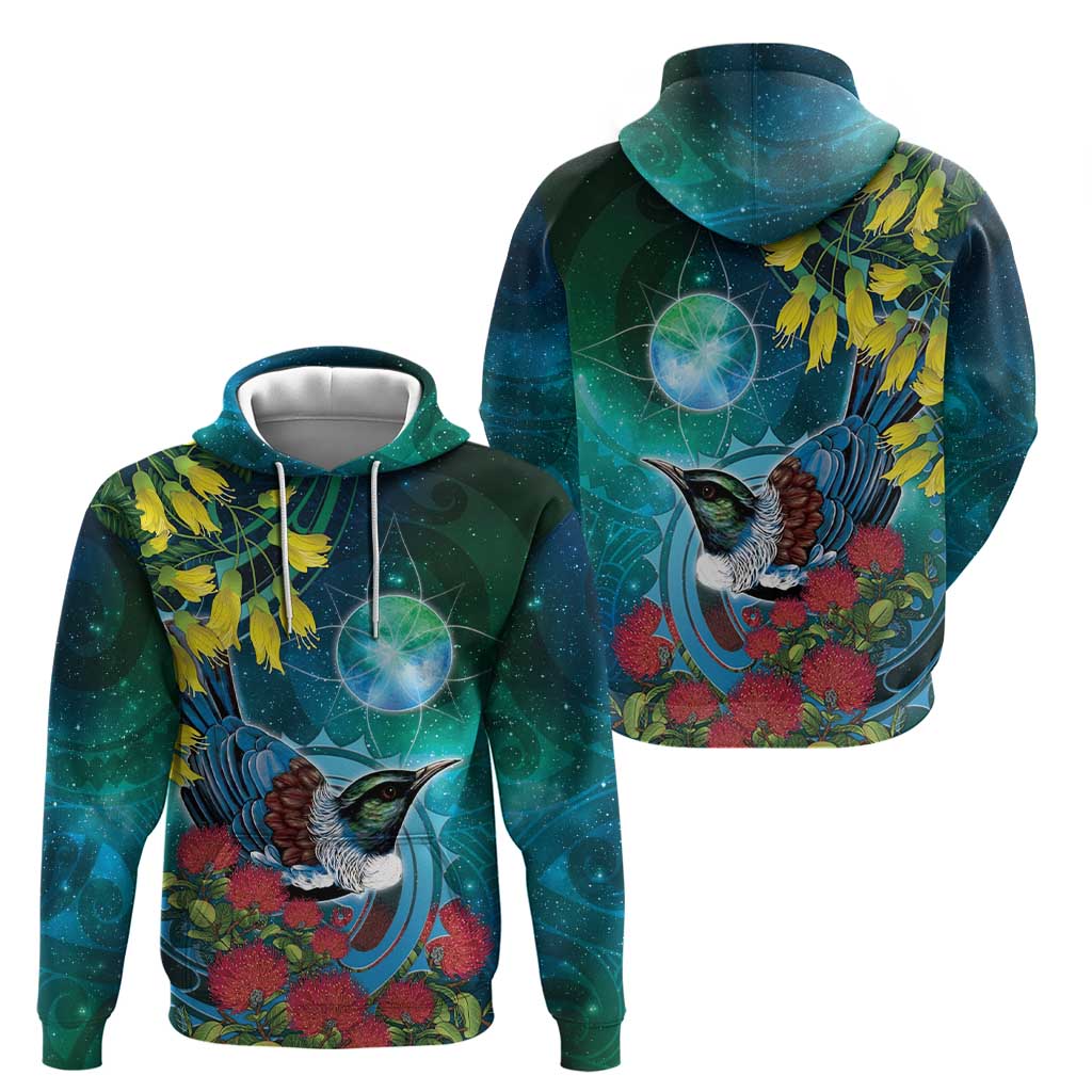 New Zealand Tui Bird Hoodie Maori Koru With Pohutukawa Galaxy Style - Aussie Hoodie
