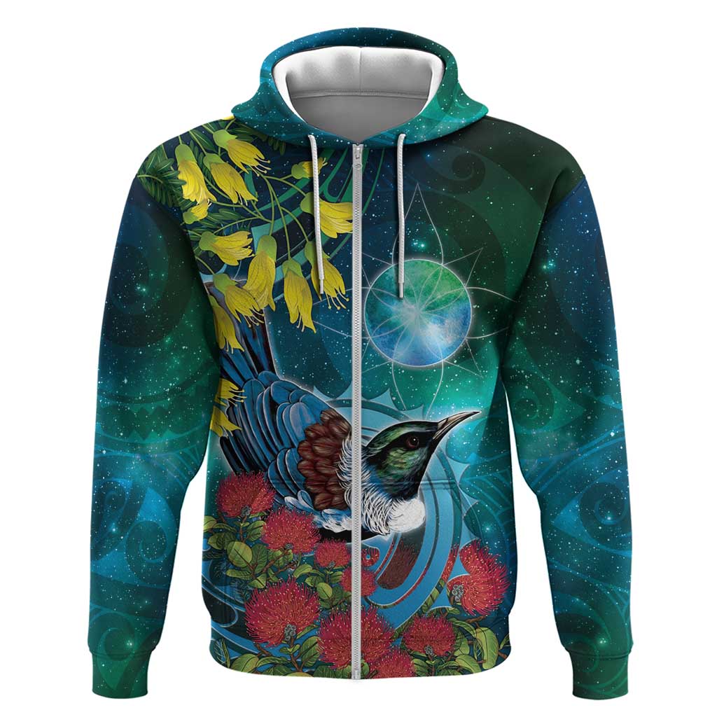 New Zealand Tui Bird Hoodie Maori Koru With Pohutukawa Galaxy Style - Aussie Hoodie