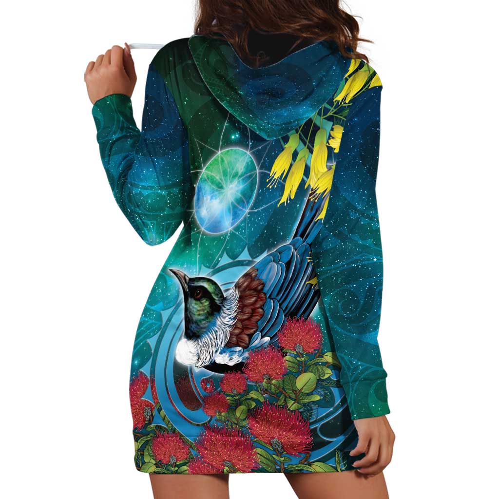 New Zealand Tui Bird Hoodie Dress Maori Koru With Pohutukawa Galaxy Style - Aussie Hoodie