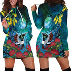 New Zealand Tui Bird Hoodie Dress Maori Koru With Pohutukawa Galaxy Style - Aussie Hoodie