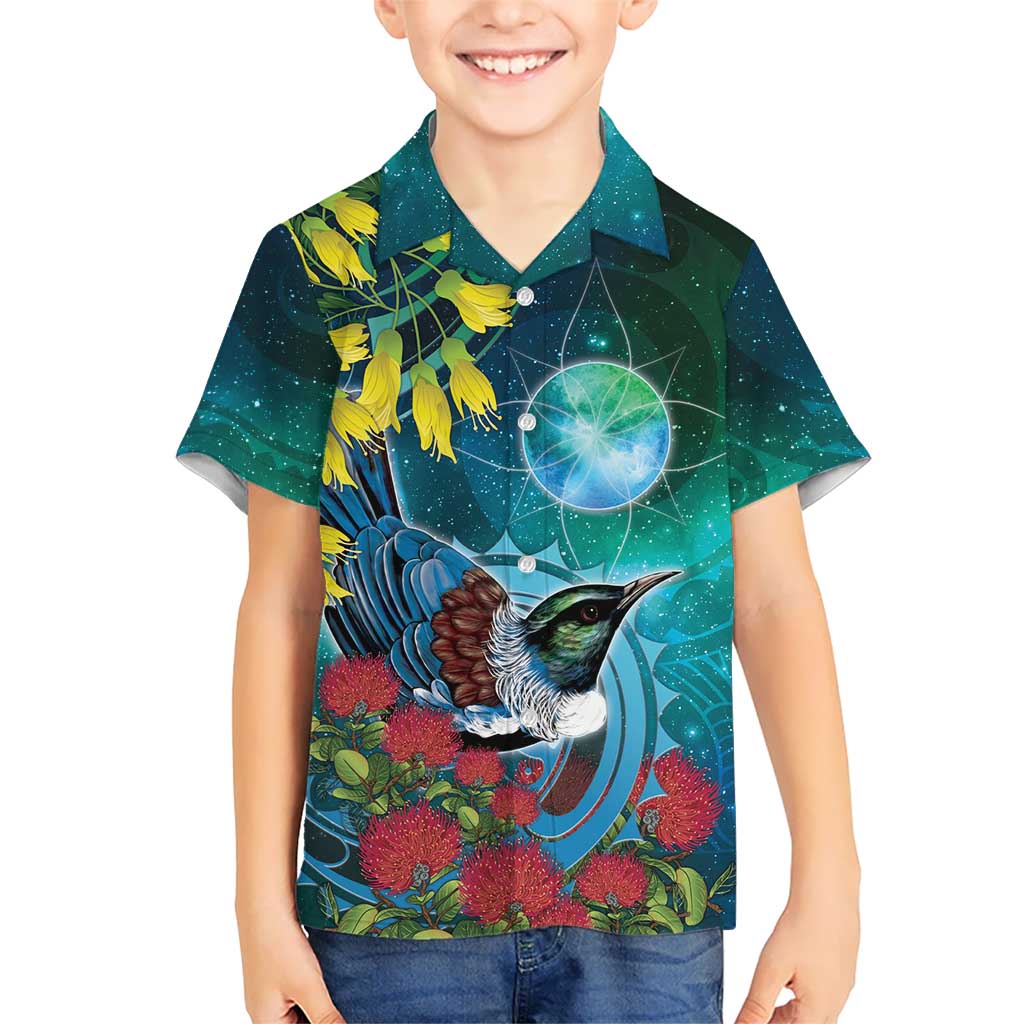 New Zealand Tui Bird Kid Hawaiian Shirt Maori Koru With Pohutukawa Galaxy Style - Aussie Hoodie