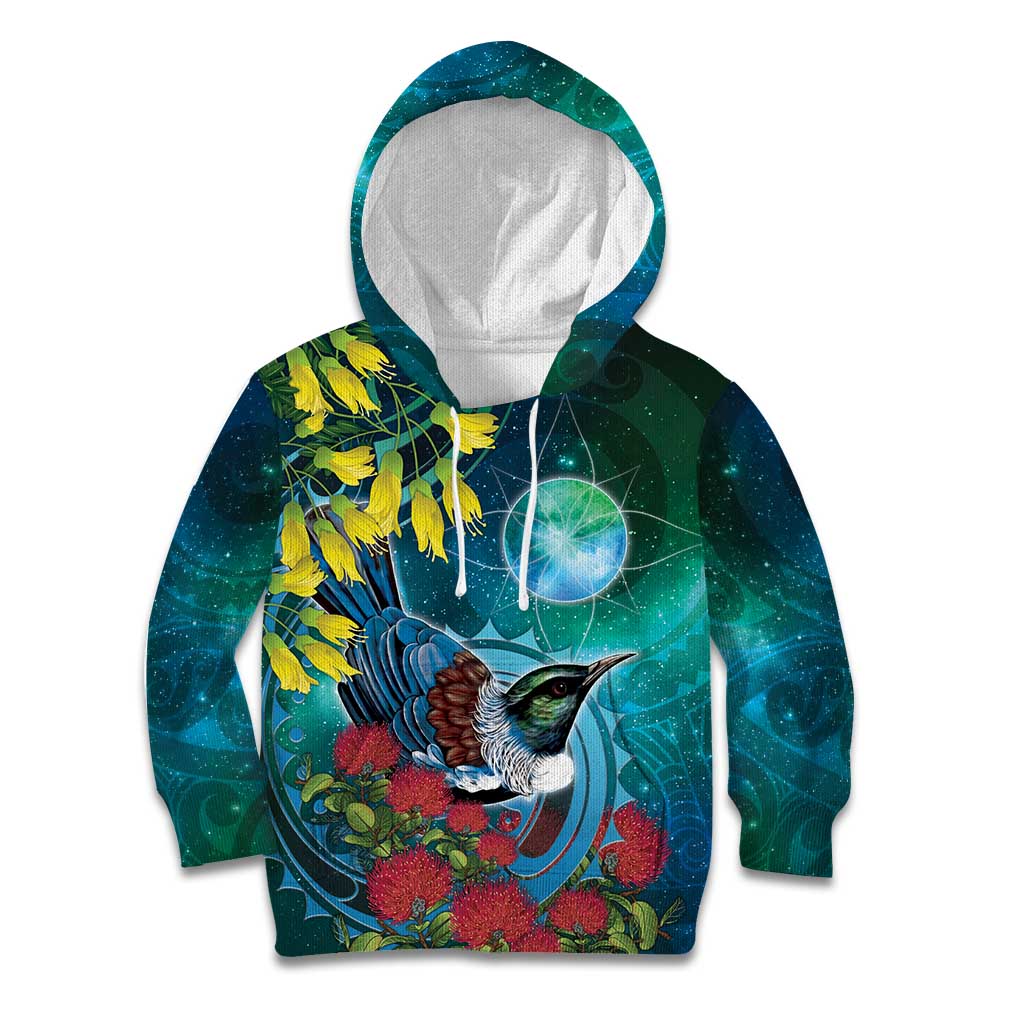 New Zealand Tui Bird Kid Hoodie Maori Koru With Pohutukawa Galaxy Style - Aussie Hoodie