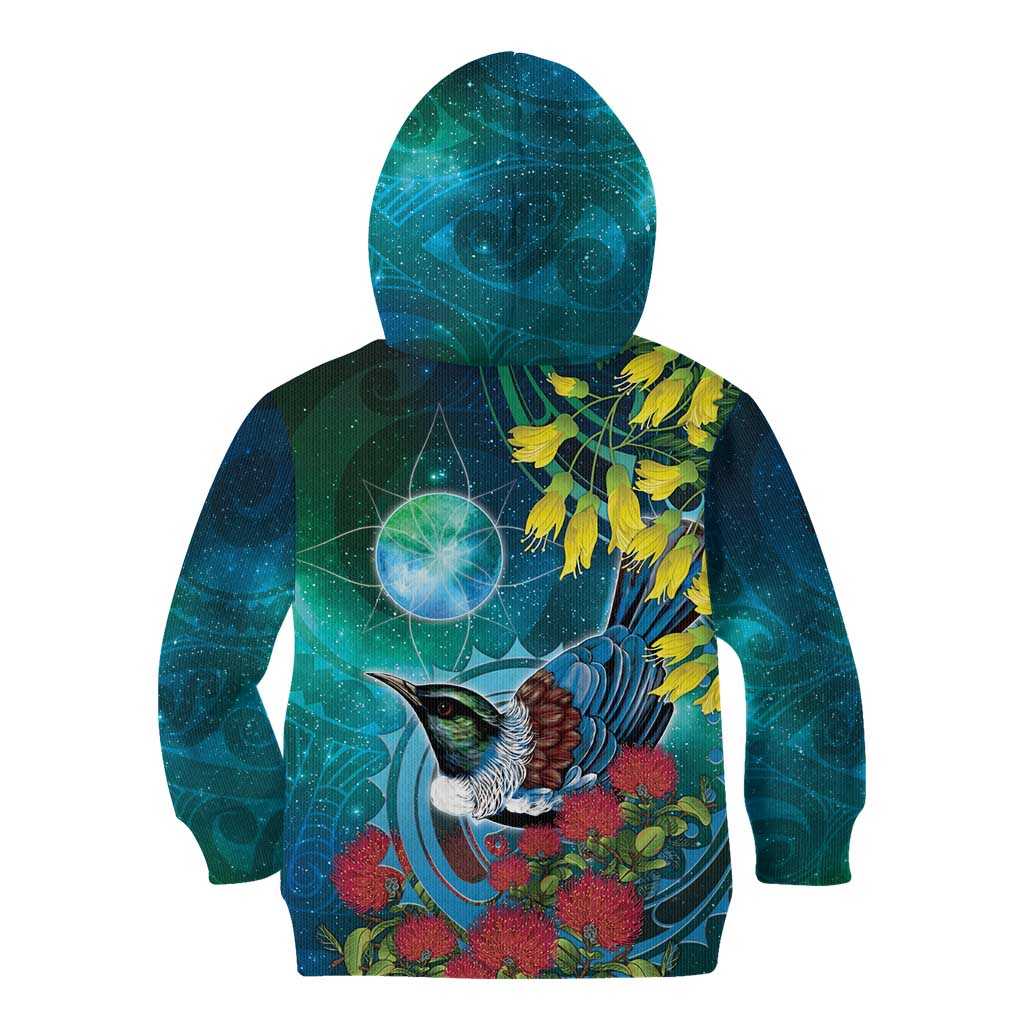 New Zealand Tui Bird Kid Hoodie Maori Koru With Pohutukawa Galaxy Style - Aussie Hoodie