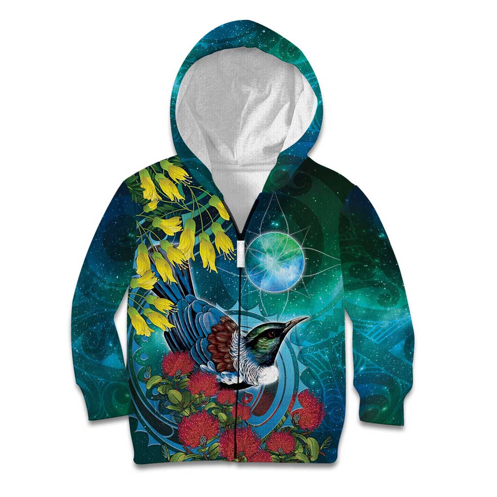 New Zealand Tui Bird Kid Hoodie Maori Koru With Pohutukawa Galaxy Style - Aussie Hoodie