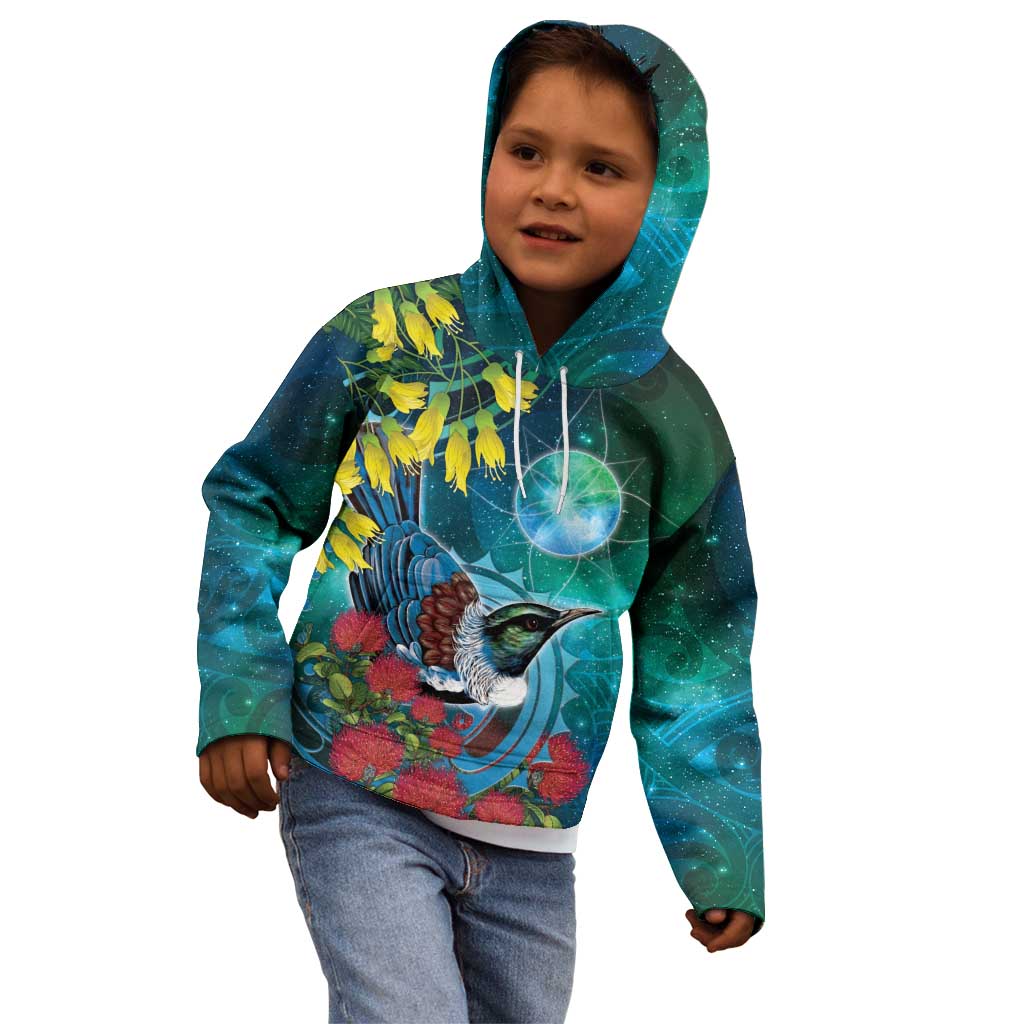 New Zealand Tui Bird Kid Hoodie Maori Koru With Pohutukawa Galaxy Style - Aussie Hoodie