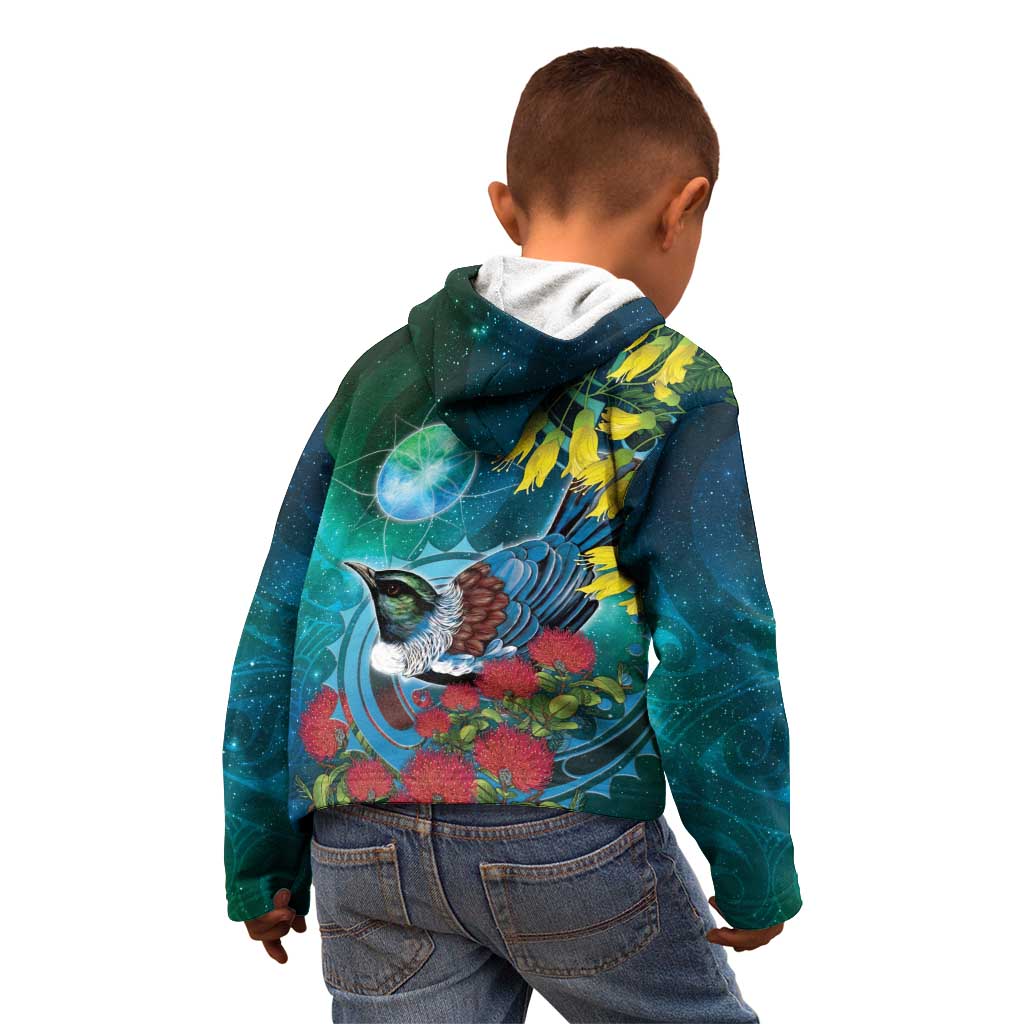 New Zealand Tui Bird Kid Hoodie Maori Koru With Pohutukawa Galaxy Style - Aussie Hoodie