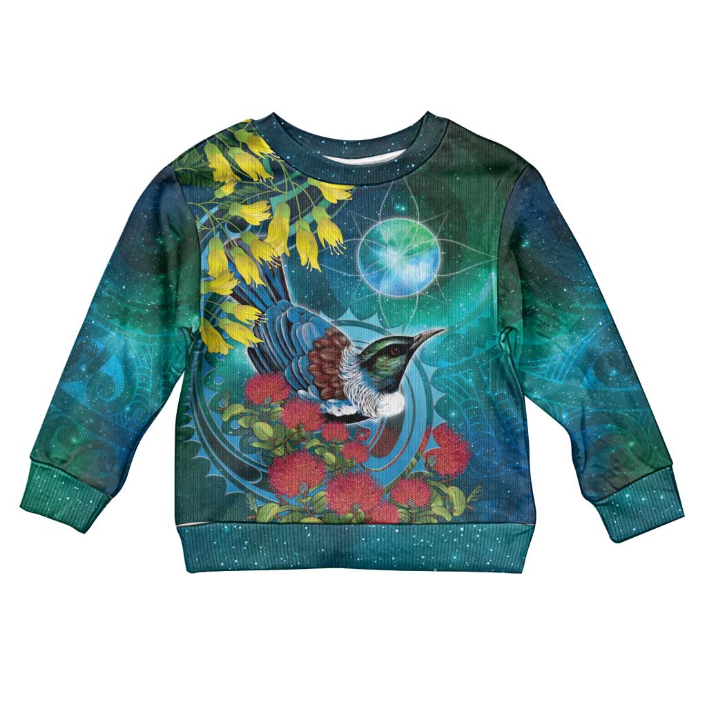 New Zealand Tui Bird Kid Ugly Christmas Sweater Maori Koru With Pohutukawa Galaxy Style - Aussie Hoodie