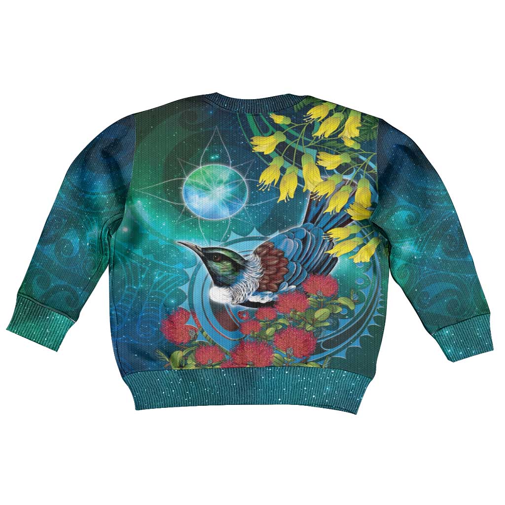 New Zealand Tui Bird Kid Ugly Christmas Sweater Maori Koru With Pohutukawa Galaxy Style - Aussie Hoodie