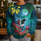 New Zealand Tui Bird Kid Ugly Christmas Sweater Maori Koru With Pohutukawa Galaxy Style - Aussie Hoodie