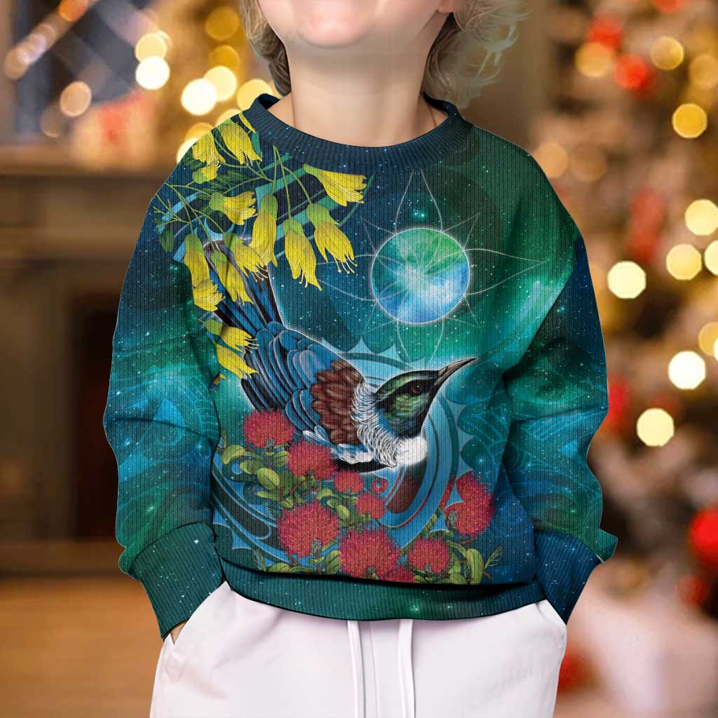 New Zealand Tui Bird Kid Ugly Christmas Sweater Maori Koru With Pohutukawa Galaxy Style - Aussie Hoodie