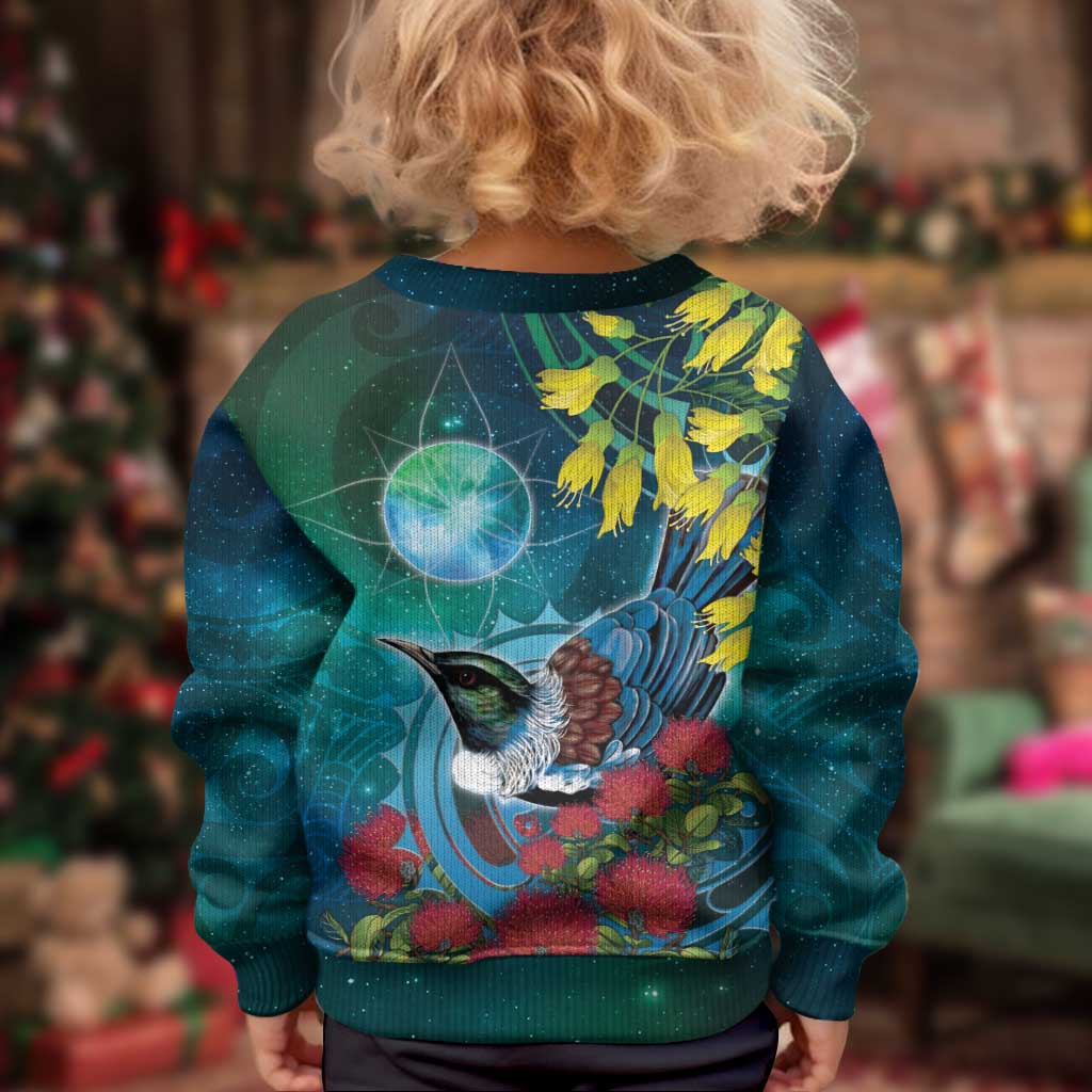New Zealand Tui Bird Kid Ugly Christmas Sweater Maori Koru With Pohutukawa Galaxy Style - Aussie Hoodie