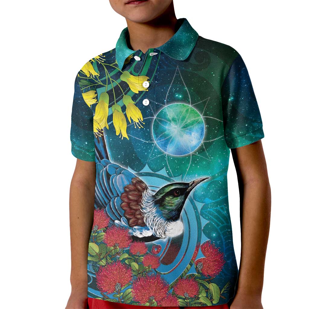 New Zealand Tui Bird Kid Polo Shirt Maori Koru With Pohutukawa Galaxy Style - Aussie Hoodie