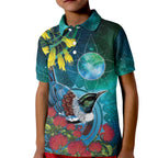 New Zealand Tui Bird Kid Polo Shirt Maori Koru With Pohutukawa Galaxy Style - Aussie Hoodie