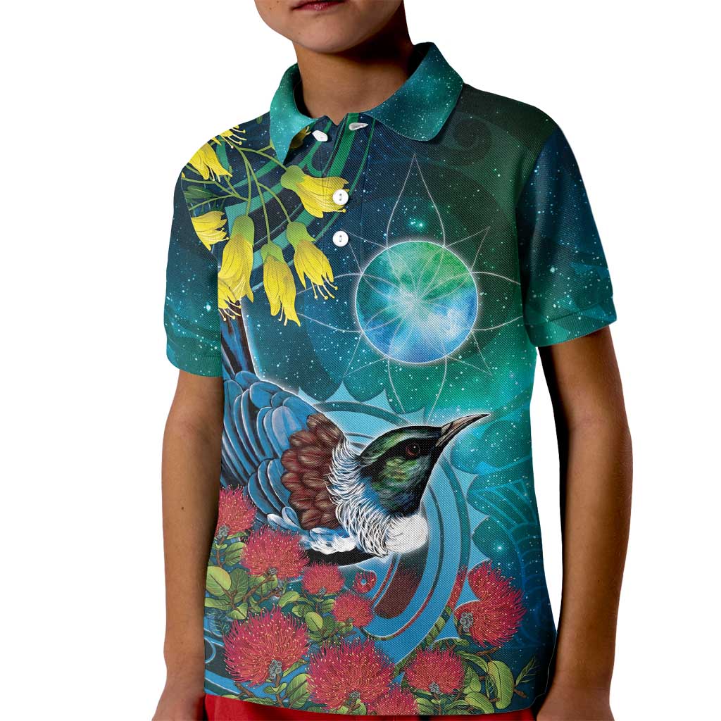 New Zealand Tui Bird Kid Polo Shirt Maori Koru With Pohutukawa Galaxy Style - Aussie Hoodie