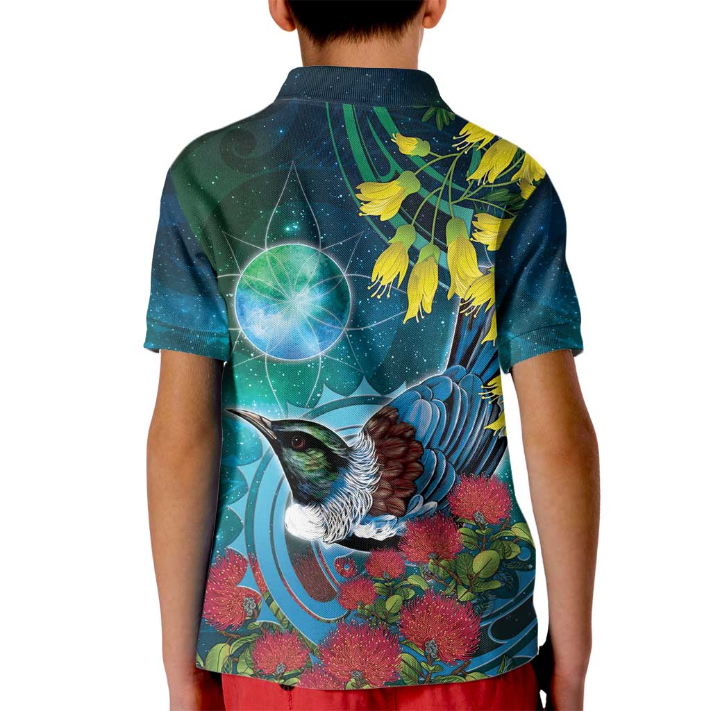 New Zealand Tui Bird Kid Polo Shirt Maori Koru With Pohutukawa Galaxy Style - Aussie Hoodie