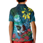 New Zealand Tui Bird Kid Polo Shirt Maori Koru With Pohutukawa Galaxy Style - Aussie Hoodie