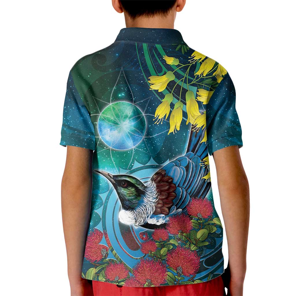 New Zealand Tui Bird Kid Polo Shirt Maori Koru With Pohutukawa Galaxy Style - Aussie Hoodie