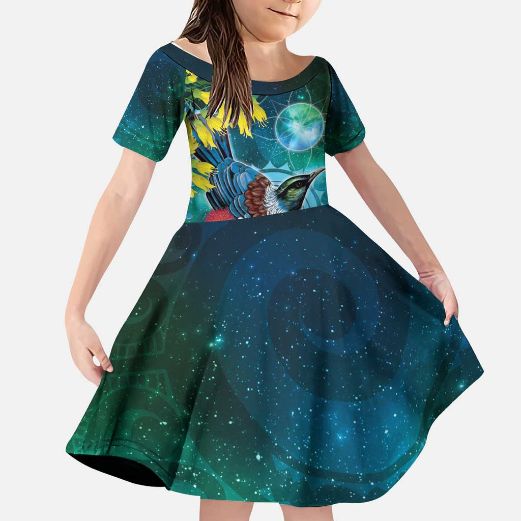 New Zealand Tui Bird Kid Short Sleeve Dress Maori Koru With Pohutukawa Galaxy Style - Aussie Hoodie