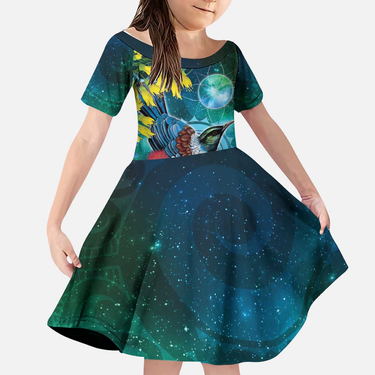 New Zealand Tui Bird Kid Short Sleeve Dress Maori Koru With Pohutukawa Galaxy Style - Aussie Hoodie