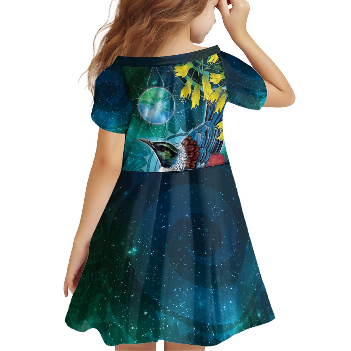 New Zealand Tui Bird Kid Short Sleeve Dress Maori Koru With Pohutukawa Galaxy Style - Aussie Hoodie